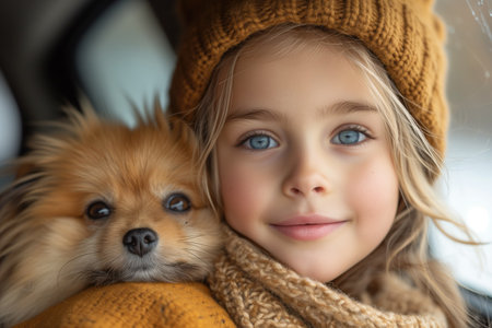 little girl with Pomeranian spitz travels in the back seat of a car in winterの素材