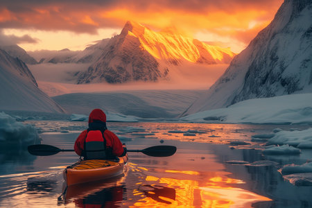 kayaker on a sea kayak against the backdrop of rocky frozen shoresの素材