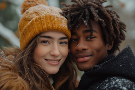 portrait of a young people couple under snowfallの素材