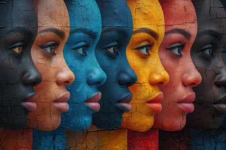 background, mural with colorful faces symbolizing unity and diversityの素材