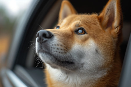 Akita Inu dog looks out of an open car windowの素材