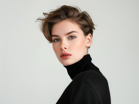 portrait of a young woman with short hair on a light backgroundの素材