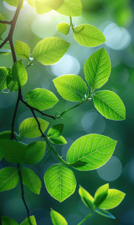 vertical background with young green leaves, nature themeの素材