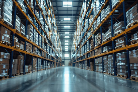 blurred background, interior of a large modern warehouseの素材