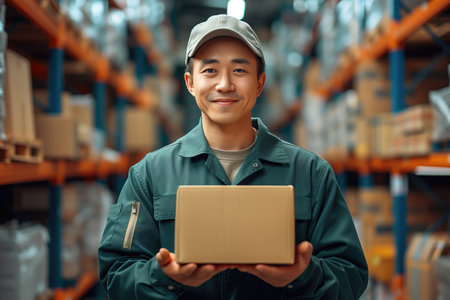 smiling asian man worker with box in hands in warehouseの素材