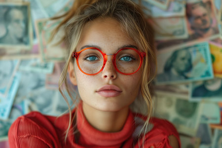 selfie portrait of beautiful young woman in red glasses on a background of moneyの素材
