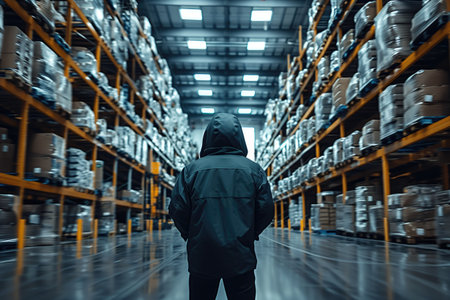 man in a black jacket with a hood in a modern warehouseの素材
