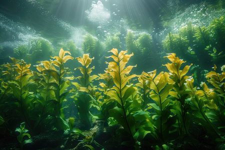 Green algae in the deep tropical sea. Underwater scene with sunlightの素材