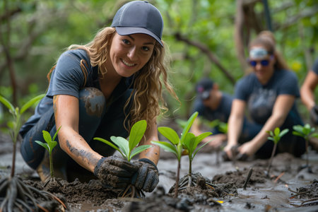 smiling woman planting mangrove trees in mangrove coastの素材