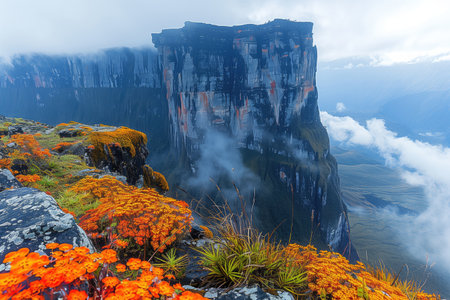 bright flowers at the edge of abyss on top of tepui mountainの素材