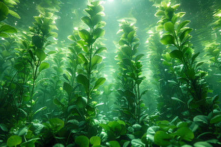 Green algae in the deep tropical sea. Underwater scene with sunlightの素材