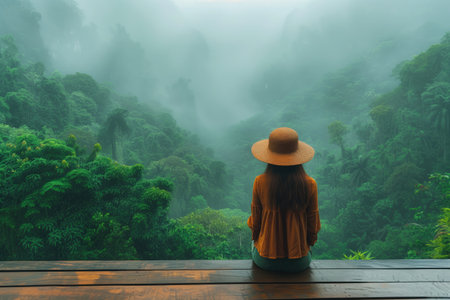 woman sitting on a wooden platform above the forest and looking at misty mountain landscapeの素材
