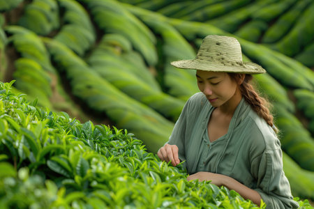 young woman picking tea leaves at plantationの素材