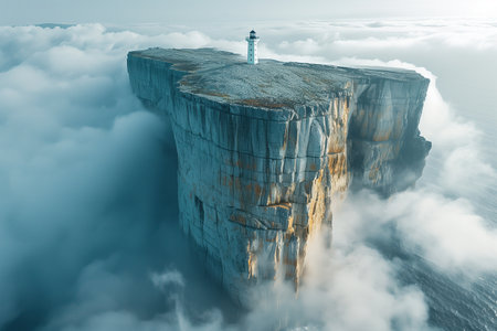 lighthouse on a high cliff above the foggy seaの素材