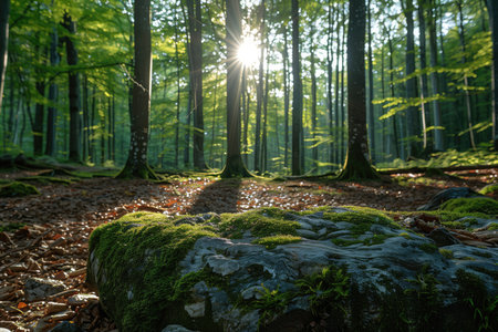 Morning in the forest with sunbeams passing through the tree trunksの素材