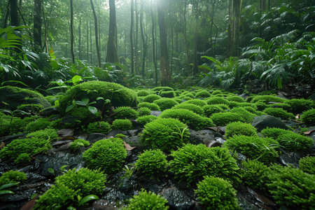 beautiful moss on wet tropical rainforest groundの素材