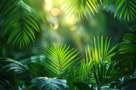 green palm leaves in tropical forest at sunset, natural background and textureの素材