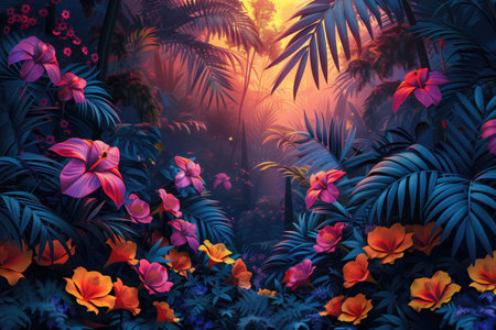 Tropical background with palm trees and hibiscus flowersの素材