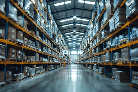 blurred background, interior of a large modern warehouseの素材