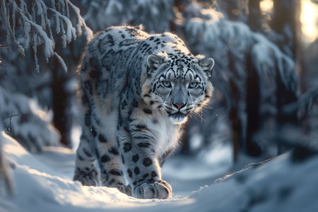 snow leopard in the winter forestの素材