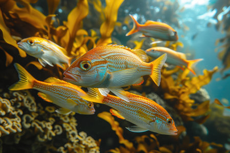 fish swarming underwater among algaeの素材