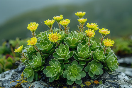 blooming ucculent plant on rock close up. Natural background.の素材