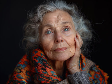 Portrait of an elderly woman in a scarf on a black backgroundの素材