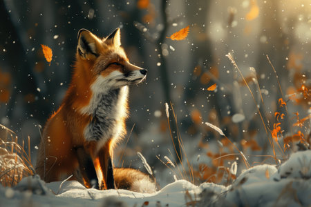 Red fox in the winter forest. Fox in the snowy forest.の素材
