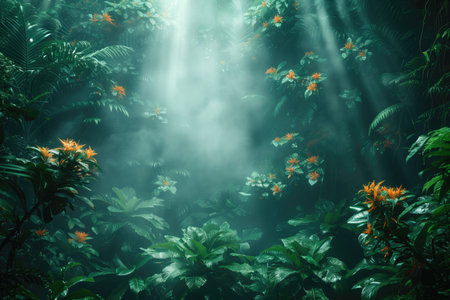 tropical forest vegetation, light breaks through the fogの素材