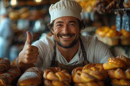 Portrait of smiling male baker showing thumbs up while standing in bakeryの素材
