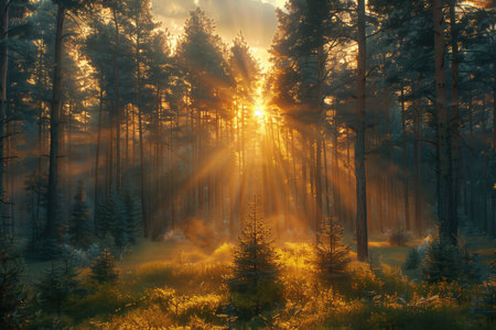 Misty morning in the forest with sun rays shining through the treesの素材