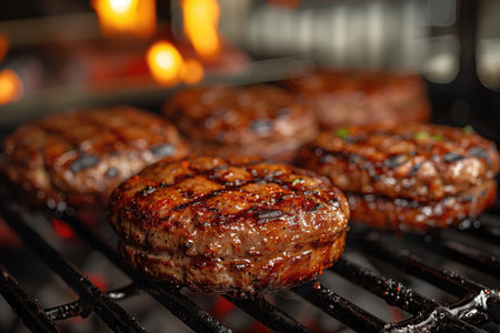 Delicious grilled steaks on barbecue grill, closeup. Space for textの素材