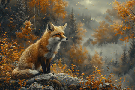 Wild red fox sitting on a rock in autumn forest. Digital paintingの素材