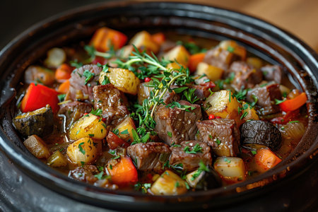 meat and vegetables stewing in a pot on the tableの素材