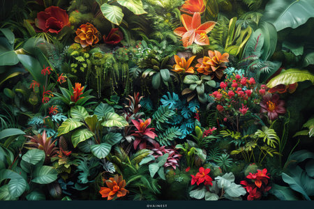 tropical garden background with flowers and plantsの素材