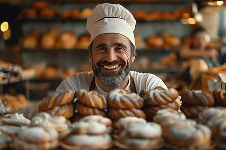 Portrait of happy male baker looking at camera and smiling in bakeryの素材