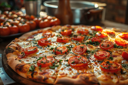 Pizza with cherry tomatoes and mozzarella cheese on wooden boardの素材