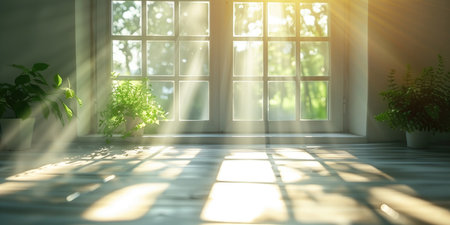 sun shines into the room through the glass doorsの素材