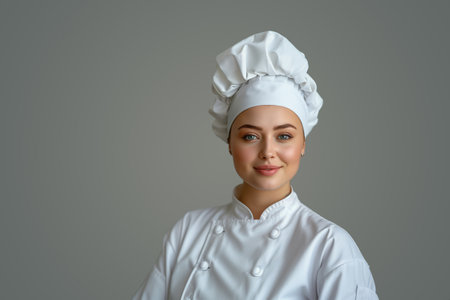 Portrait of a beautiful female chef in a white uniform on a gray backgroundの素材