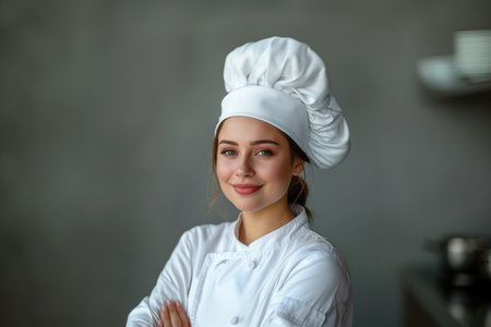 Portrait of a young female chef in uniform and hat on gray backgroundの素材