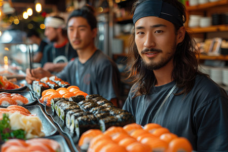 handsome asian man making sushi roll at japanese restaurantの素材