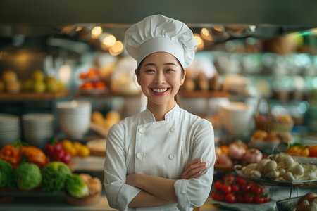 Portrait of a smiling female chef standing with arms crossed in the kitchenの素材