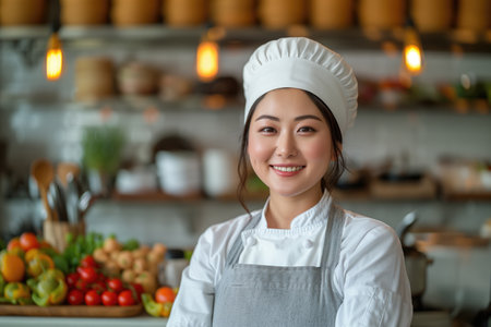 young asian female chef in apron and hat standing in modern kitchenの素材