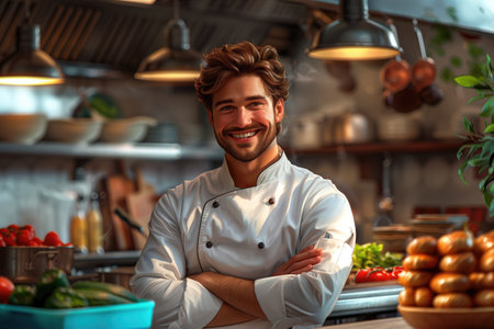 Portrait of a smiling male chef standing with arms crossed in the kitchenの素材