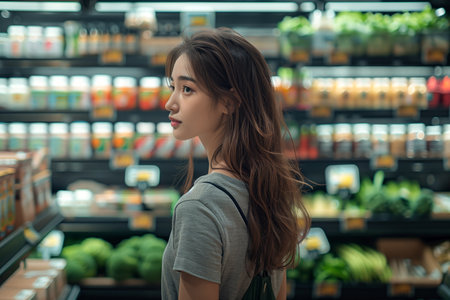 portrait of young Asian woman standing in supermarket and looking awayの素材