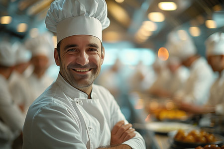 Portrait of smiling male chef standing with arms crossed in restaurant kitchenの素材