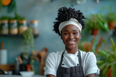 Portrait of young African American female barista smiling at cameraの素材
