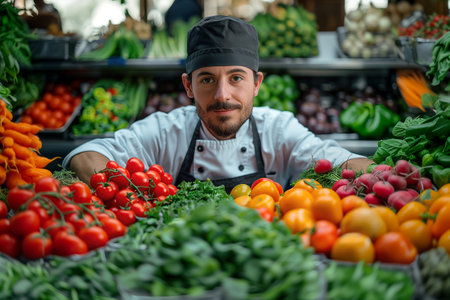 man selling vegetables in a grocery storeの素材