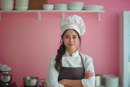 Portrait of young Asian woman in chef hat and apron standing with arms crossed in kitchen.の素材