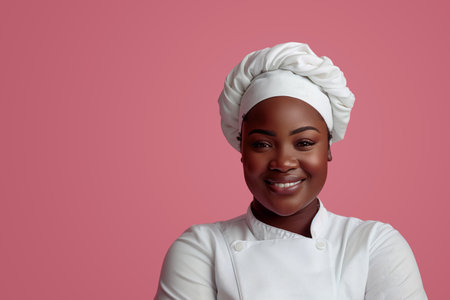 portrait of a smiling African American female chef against pink backgroundの素材